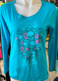 HOT LEATHERS LADIES SIZE MEDIUM TEAL LONG SLEEVE TSHIRT SKULL BOUQUET PRINT
