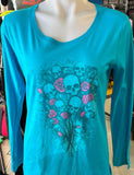 HOT LEATHERS LADIES SIZE LARGE TEAL LONG SLEEVE TSHIRT SKULL BOUQUET PRINT