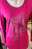 HOT LEATHERS LADIES SIZE MED LONG SLEEVE TSHIRT MAGENTA FLEUR DE LIS CROSS