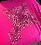 HOT LEATHERS LADIES SIZE MED LONG SLEEVE TSHIRT MAGENTA FLEUR DE LIS CROSS