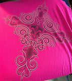 HOT LEATHERS LADIES SIZE LARGE LONG SLEEVE TSHIRT MAGENTA FLEUR DE LIS CROSS