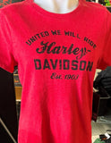 HARLEY DAVIDSON LADIES SIZE MED RED TSHIRT "UNITED WE WILL RIDE"