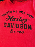 HARLEY DAVIDSON LADIES SIZE SMALL RED TSHIRT "UNITED WE WILL RIDE"