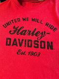 HARLEY DAVIDSON LADIES SIZE MED RED TSHIRT "UNITED WE WILL RIDE"