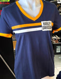 HARLEY-DAVIDSON LADIES SIZE MEDIUM TSHIRT BLUE WITH YELLOW AND WHITE STRIPE