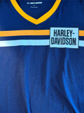 HARLEY-DAVIDSON LADIES SIZE MEDIUM TSHIRT BLUE WITH YELLOW AND WHITE STRIPE
