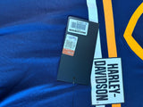 HARLEY-DAVIDSON LADIES SIZE MEDIUM TSHIRT BLUE WITH YELLOW AND WHITE STRIPE