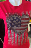 HOT LEATHERS LADIES SIZE SMALL RED TSHIRT WITH BLING HEART/ROSE FLAG
