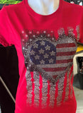 HOT LEATHERS LADIES MEDIUM RED TSHIRT WITH BLING HEART/ROSE FLAG