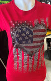 HOT LEATHERS LADIES LARGE RED TSHIRT WITH BLING HEART/ROSE FLAG