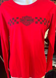 HARLEY-DAVIDSON LADIES MEDIUM RED LONG SLEEVE T SHIRT CHECKERED FLAG