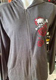 HOT LEATHERS LADIES SMALL GRAY HOODIE SKULLS AND ROSES TSHIRT MATERIAL