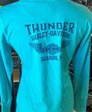 HARLEY DAVIDSON LADIES SIZE SMALL TEAL LONG SLEEVE TSHIRT PURPLE LETTERING