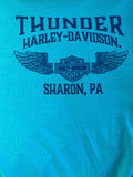 HARLEY DAVIDSON LADIES SIZE SMALL TEAL LONG SLEEVE TSHIRT PURPLE LETTERING