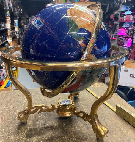 Vtg Inlaid Hard Gemstone World Globe Compass Blue Lapis Lazuli Brass Beautiful!