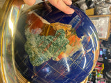 Vtg Inlaid Hard Gemstone World Globe Compass Blue Lapis Lazuli Brass Beautiful!