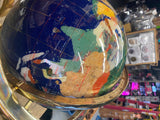 Vtg Inlaid Hard Gemstone World Globe Compass Blue Lapis Lazuli Brass Beautiful!