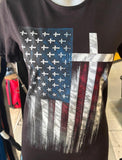 HOT LEATHERS LADIES SMALL BLACK TSHIRT FLAG/CROSS PRINT
