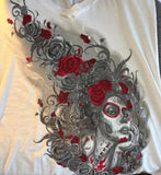 HOT LEATHERS LADIES SMALL WHITE LONG SLEEVE TSHIRT V-NECK ROSES/SKULL PRINT