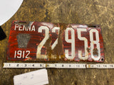 Vtg 1912 Pennsylvania Pa Porcelain License Plate Auto Truck Sign Tag Antique!