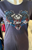 HOT LEATHERS LADIES SMALL BLUE TSHIRT "LIVE LOVE RIDE" MOTORCYCLE HEART