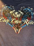 HOT LEATHERS LADIES SMALL BLUE TSHIRT "LIVE LOVE RIDE" MOTORCYCLE HEART