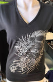 HOT LEATHERS LADIES SMALL BLACK V-NECK TSHIRT "LIVING THE DREAM" ROSES/SKULL