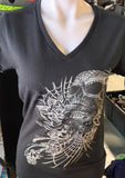 HOT LEATHERS LADIES LARGE BLACK V-NECK TSHIRT "LIVING THE DREAM" ROSES/SKULL