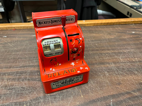 1950s Vtg UNCLE SAM'S 3-COIN ORANGE METAL CASH REGISTER TIN TOY BANK