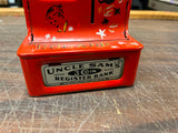 1950s Vtg UNCLE SAM'S 3-COIN ORANGE METAL CASH REGISTER TIN TOY BANK