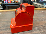 1950s Vtg UNCLE SAM'S 3-COIN ORANGE METAL CASH REGISTER TIN TOY BANK