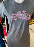 HOT LEATHERS LADIES MEDIUM GRAY TSHIRT PINK/PURPLE FLAME BIKE