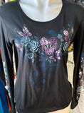 HOT LEATHERS LADIES MEDIUM LONG SLEEVE BLACK SHIRT BUTTERFLY, FLOWERS AND LOCKET