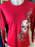 LADIES SIZE LARGE LONG SLEEVE RED TSHIRT PAISLEY SUGAR SKULL PRINT
