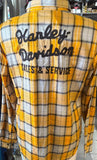 HARLEY DAVIDSON LADIES LARGE BLACK/GOLD/WHITE PLAID SHIRT NEW!
