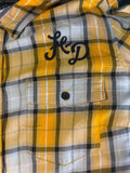 HARLEY DAVIDSON LADIES LARGE BLACK/GOLD/WHITE PLAID SHIRT NEW!