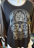 HOT LEATHERS LADIES SIZE LARGE BLACK TSHIRT SUGAR SKULL 3/4 LENGTH SLEEVE