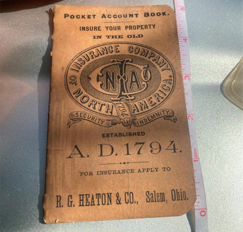 Antique Insurance Note Pad 1889 R. G. Heaton & Co. Salem Oh