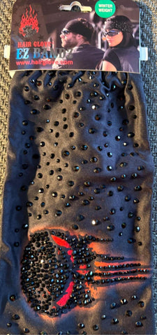 HAIR GLOVE EZ BANDZ WINTER WEIGHT BLACK "ORANGE SKULL BLING"  BIKER HEADBAND