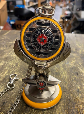 1990 Harley Fatboy Gray Ghost Franklin Mint Pocket Watch & Stand EAgle Vtg Acc!
