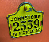 1958 Vtg Bicycle License Plate Johnstown PA Cruiser Schwinn Elgin Higgins Balloo