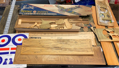 Vtg Joe Ott Flying Battle Plane Kit 45" Spitfire Wood Model Airplane Large Box!