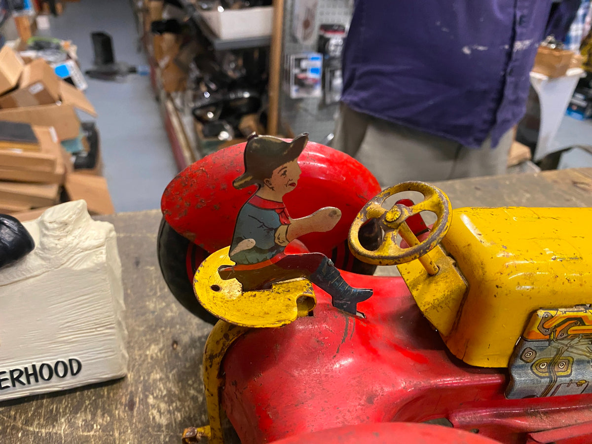 Vtg Louis Marx 50's Tin Toy Tractor front Loader Driver Litho Farm Equ ...