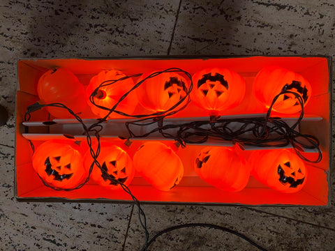 Vtg Jack O lantern Pumpkin Blow Mold String Lights Halloween Decor Set Orig Box!