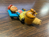 Vintage Wood Carved Animated Bottle Stopper Top Man On Barrel Tipping Hat