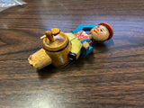 Vintage Wood Carved Animated Bottle Stopper Top Man On Barrel Tipping Hat