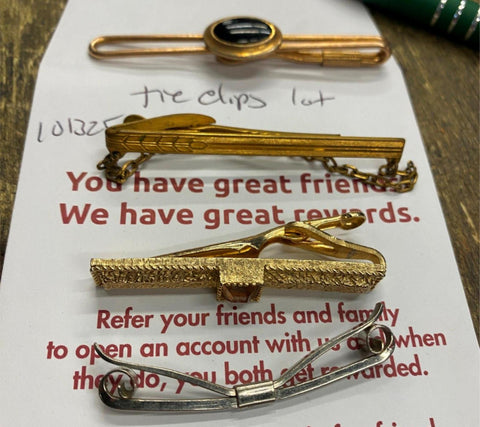 Vtg Lot Tie Clips Gold Jewelry Black Onyx Chain Mens Silver Suit Jacket