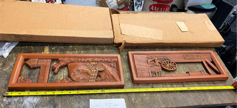 Vtg Lot 60's Chalkware WEstern Wall Art Works Covered Wagon Spinning Wheel Cowbo