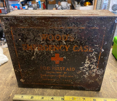 Vtg johnson & johnson woody's first aid kit Tin Box Antique Buss Military Indust