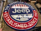 Jeep CJ2A 24" Round Sign Advertising Tin  WW2 Collectible Willys 4X4 American Le